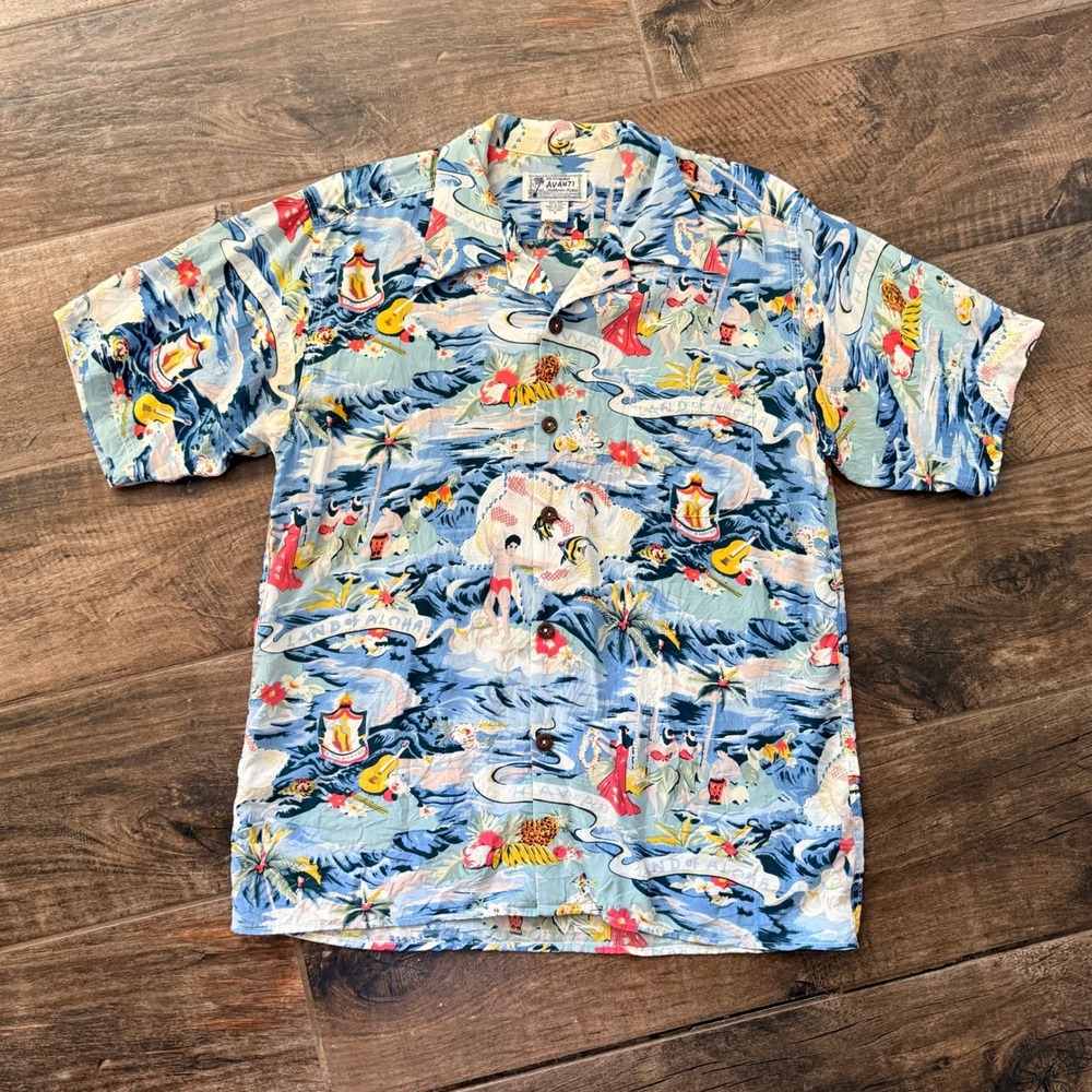 Avanti Retro Land of Aloha Print Silk Tea Timer Shirt , Blue Multi,S